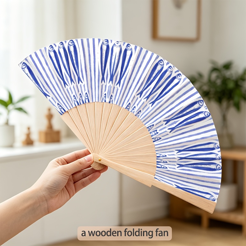 TEMU [23cm Wooden Folding Fan] Blue And White Striped Radial Printed Lightweight Folding Fan, Wooden Folding Fan, Summer Party Atmosphere Artifact,