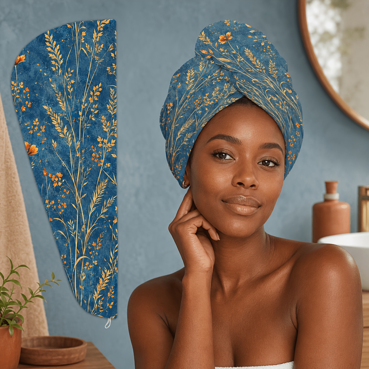 TEMU 1pc Women's Absorbent Quick-dry Hair Drying , Soft Microfiber Head Wrap, Blue With Golden Chrysanthemum Botanical Print, Button-fastened Long