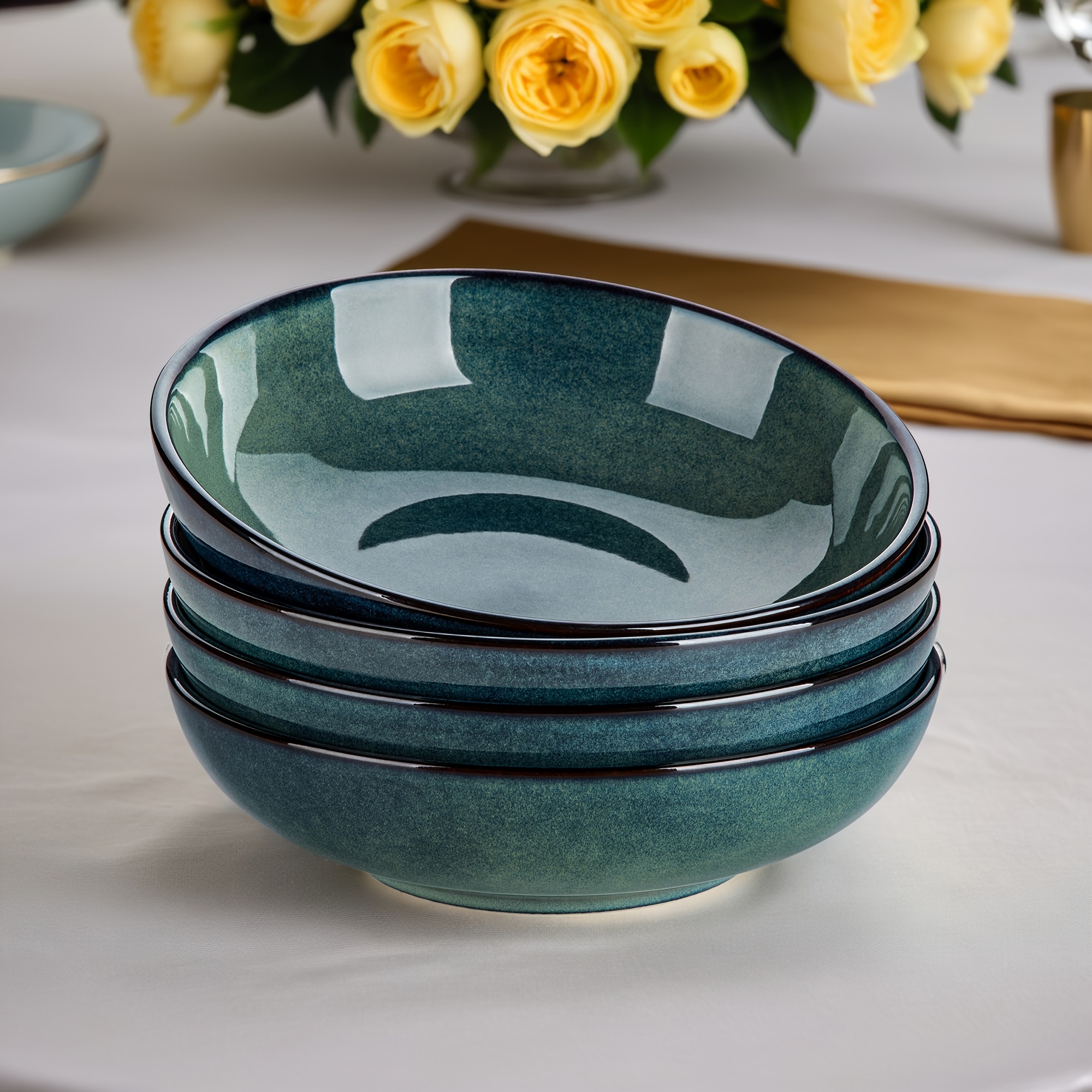 Image of Ceramic Set Of 4, 38 Oz Large Salad Bowls For Serving, Handmade Christmas Gift, Microwave Oven Safe Soup Bowls For Kitchen, Green Stoneware Bowl Set