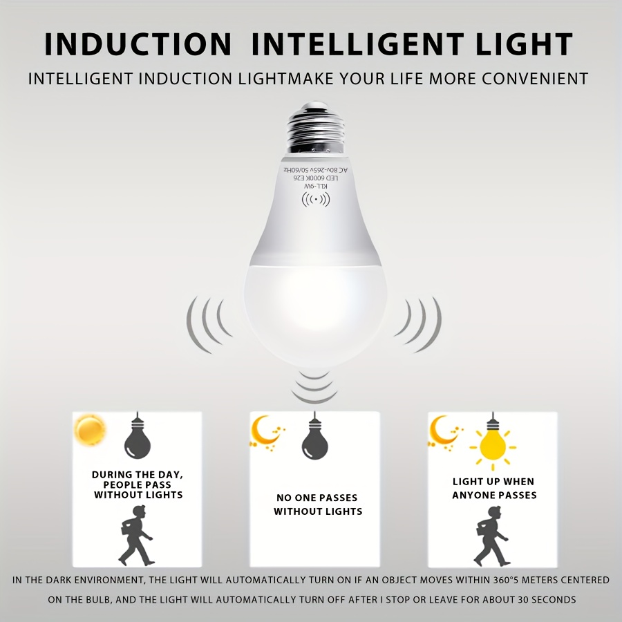 Foco con sensor de movimiento Keso, 9W (equivalente a 60W), automático para interiores, A19, E26, 3000K/6000K, encendido desde el atardecer hasta el amanecer, ideal para entrada, porche, escaleras y pasillo - Imagen 4