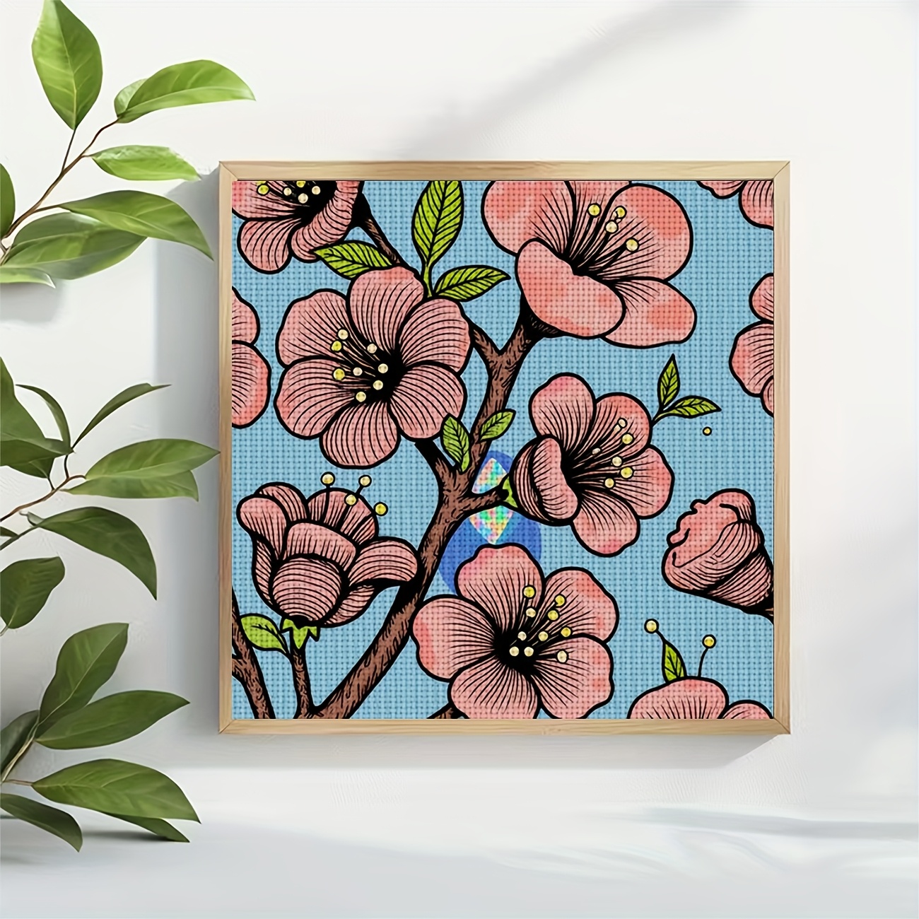 Complete DIY Cross Stitch Kit, Blue Pink Branches and Leaves Pattern