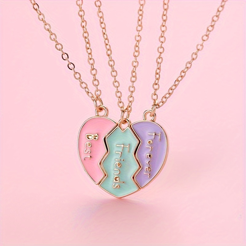 

3pcs Set - Bff Heart Pendant Necklaces In Pastel Colors - "" , Zinc Alloy With Golden-tone Chain, Perfect Gift For Girls, Gift | Necklace| Accessory