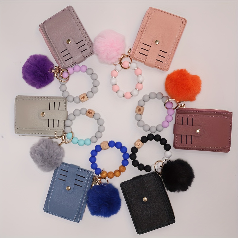 

1pc Silicone Beaded Wristlet Keychain With Wallet Card Holder & Plush Pompom Bag Charm Phone Lanyard Bangle Keychain Mother's Day Gift