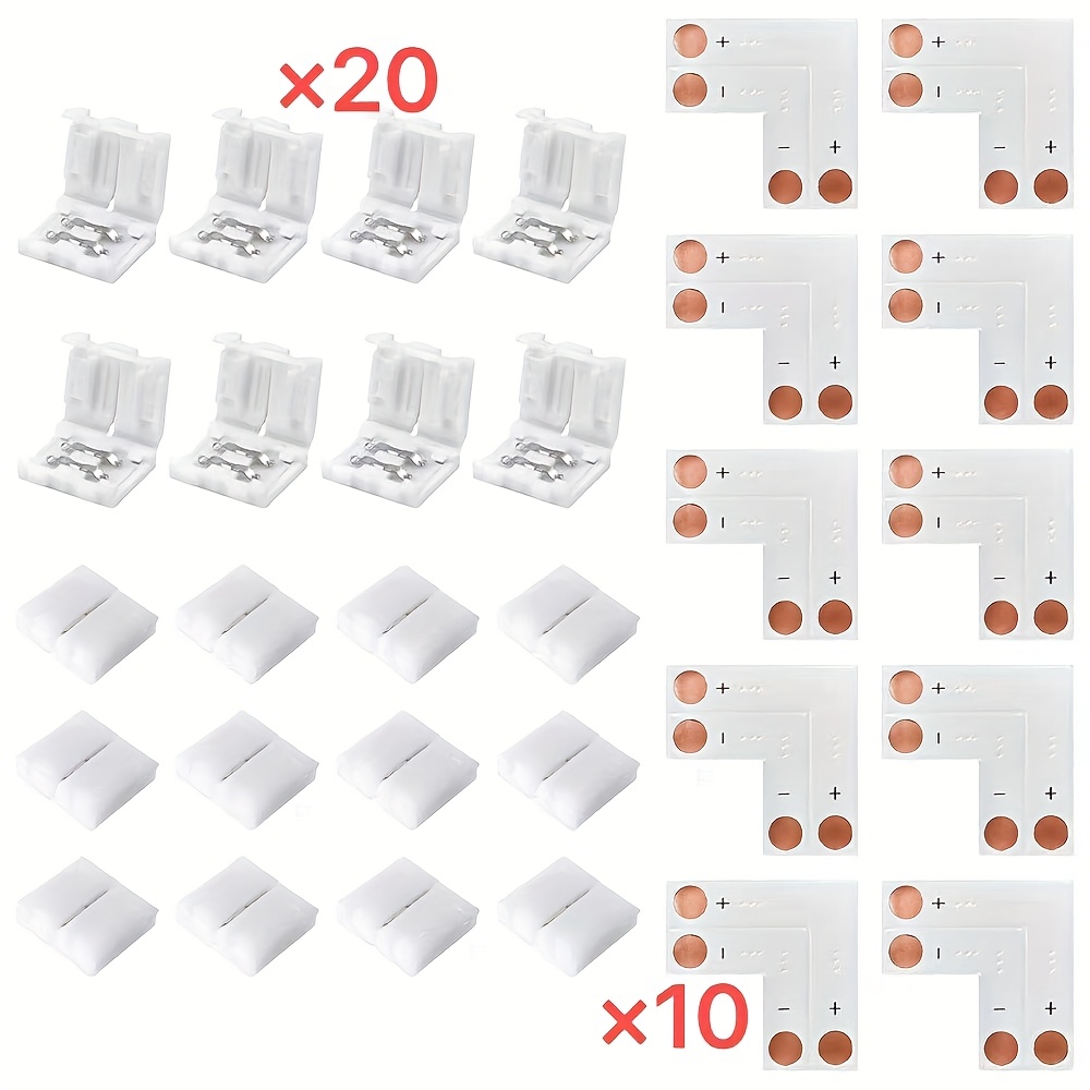 Image of Set Of 30 Two-pin Led Connectors, Featuring An 8mm Wide Right-angle Design, Solder-free Adapter, And Terminal Extension, Suitable For 3528/5050 Smd/cob Led Strips
