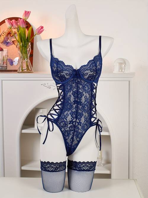 new european and lace semi sheer strappy hollow out design bodysuit with leg socks