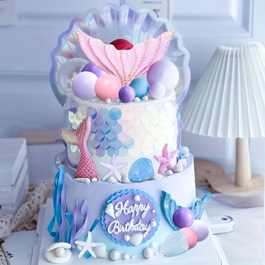 

Mermaid Tail & Shell Starfish Cake Topper Set - Birthdays, Weddings, - Pvc, No Batteries Required