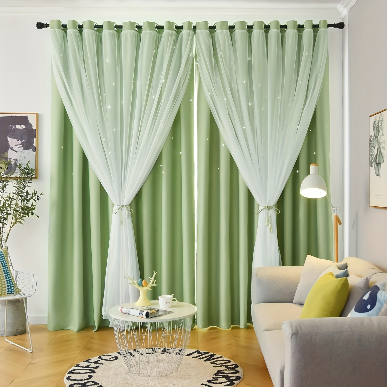 

2pcs Stars Cutout Blackout Curtains With Tulle Layers Grommet Window Panels For Bedroom Living Room Decor Wall Home, Green