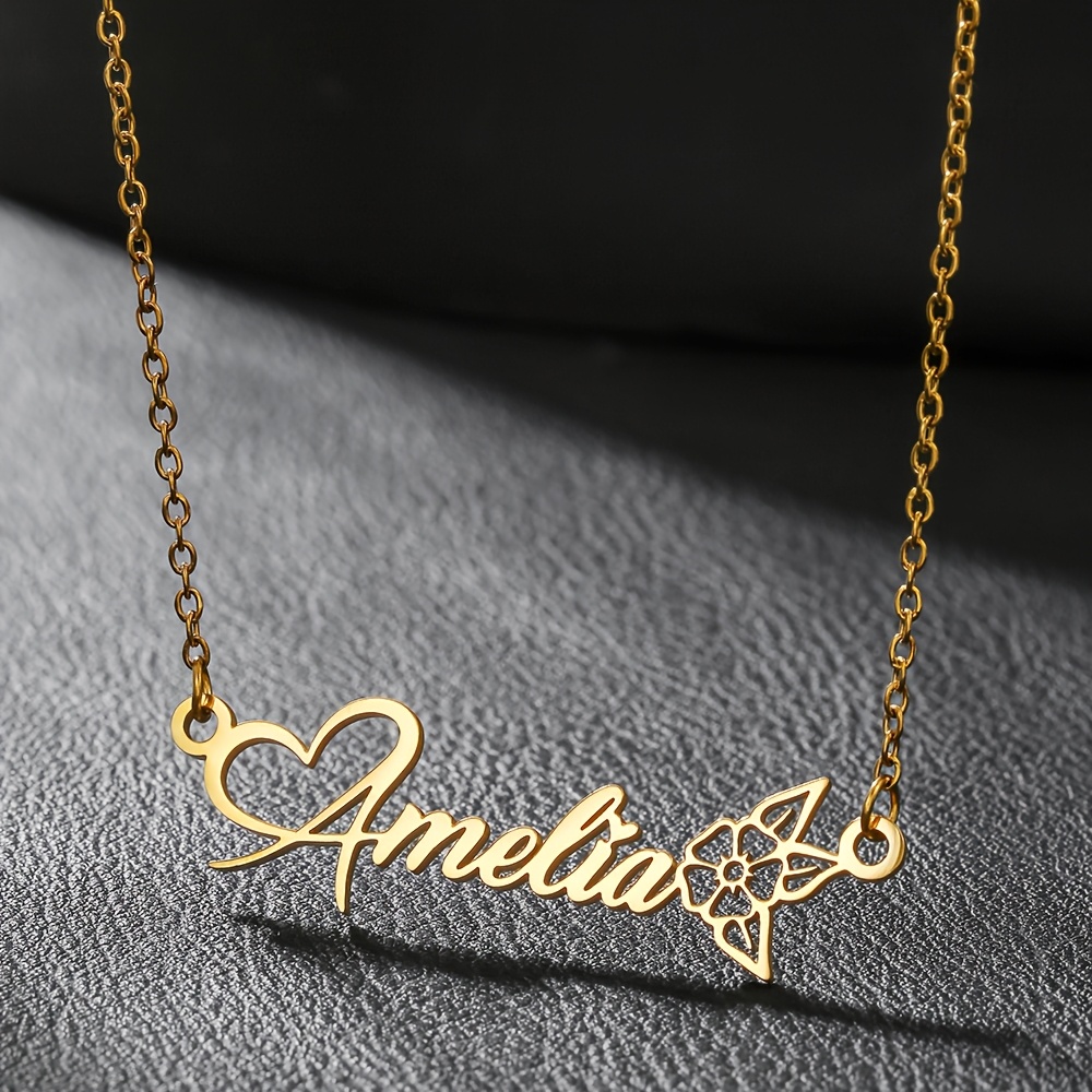 TEMU Collier personnalisé Love Rose ! Matériau en acier inoxydable 304, nom en police manuscrite avec décoration Love + Rose gravable avec un nom