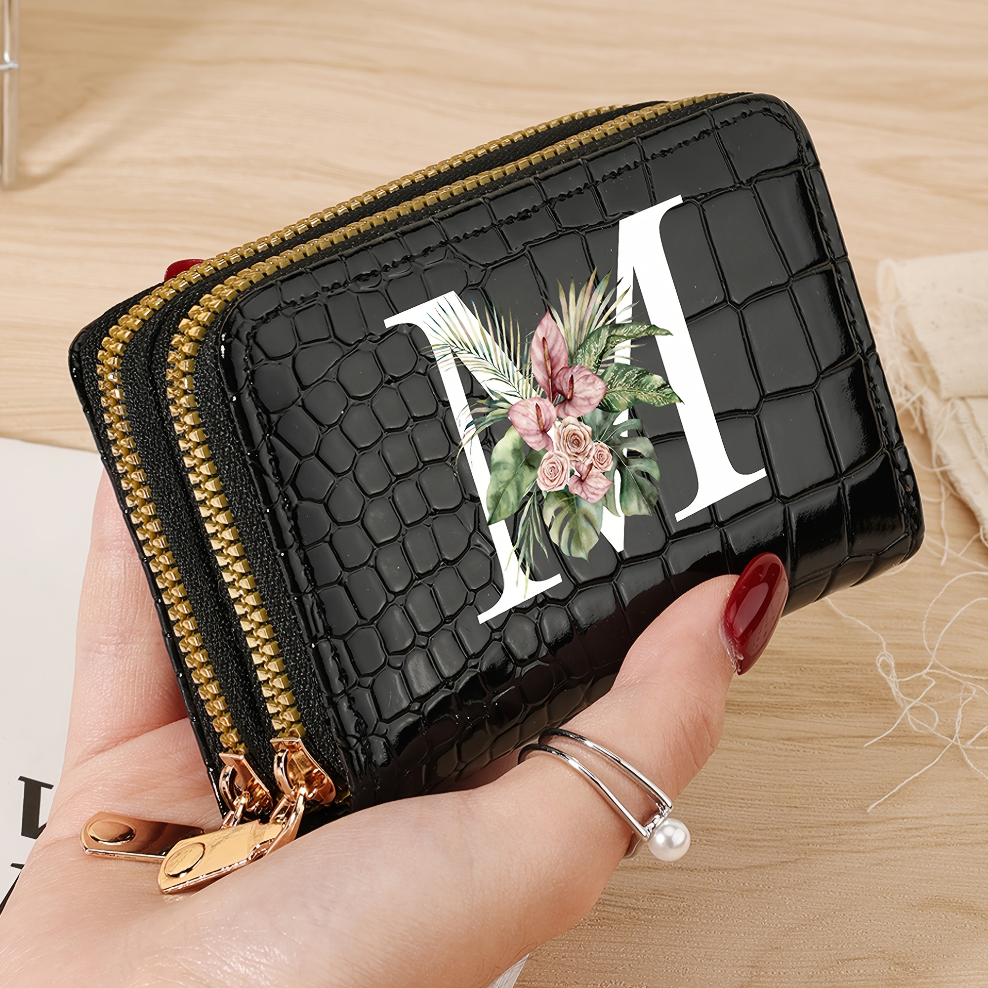 Image of Simple, Stylish, Elegant Letter Printed Women's Credit Card Wallet, Large Capacity Multi Card Holder, Double Zipper Card Holder