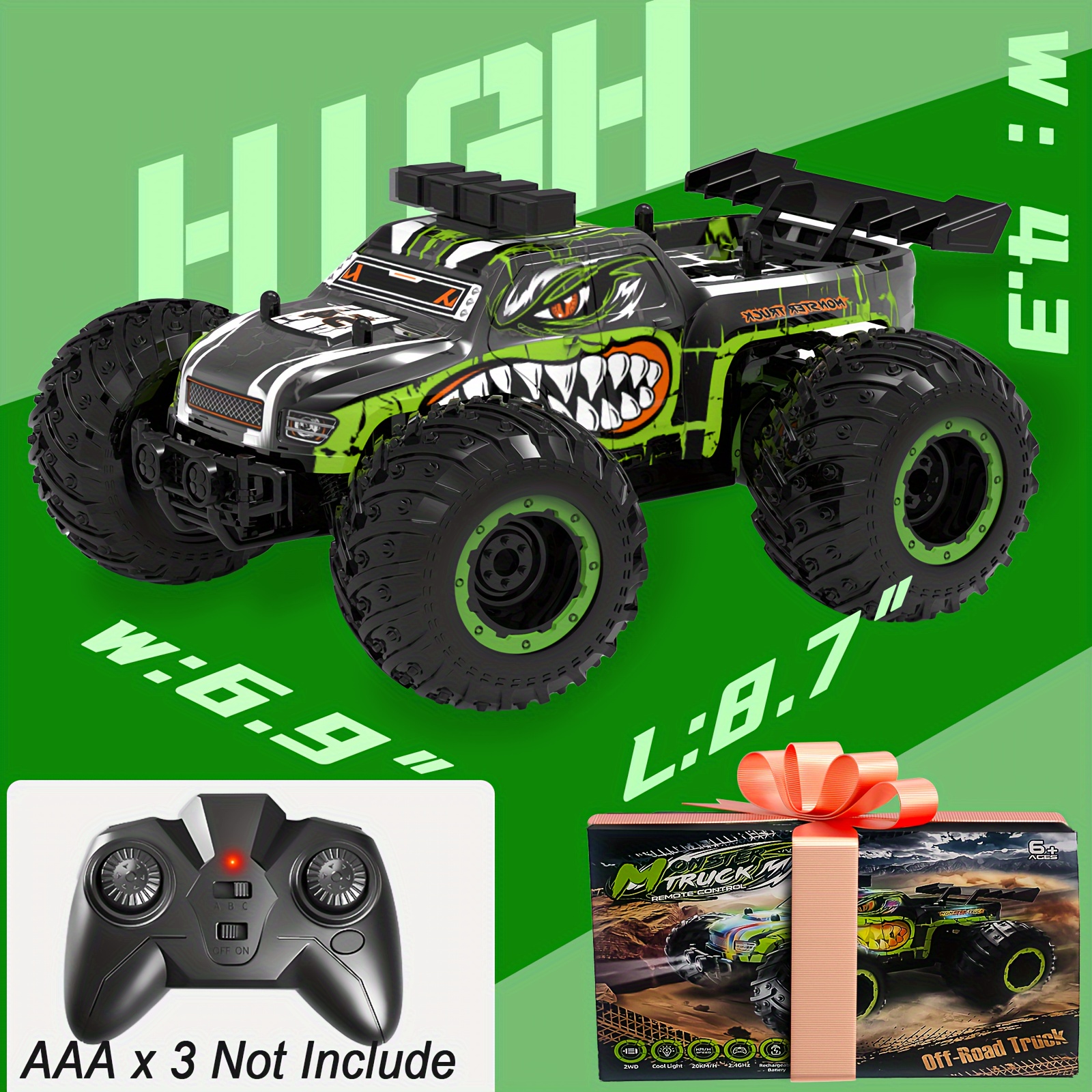 Remote Control Car, Rc Cars For Boys 2.4Ghz Rc Truck Toys With Headlights And Car Body Lights, 20 KM/H Off Road Remote Control Monster Truck, Ideal Gift For Kids, Dual Batteries With Screwdriver