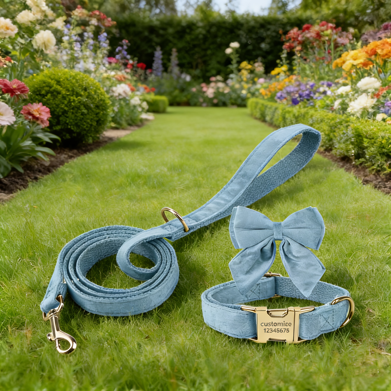 Personalized Custom Soft Velvet Dog Collar & Leash Set, 3pcs