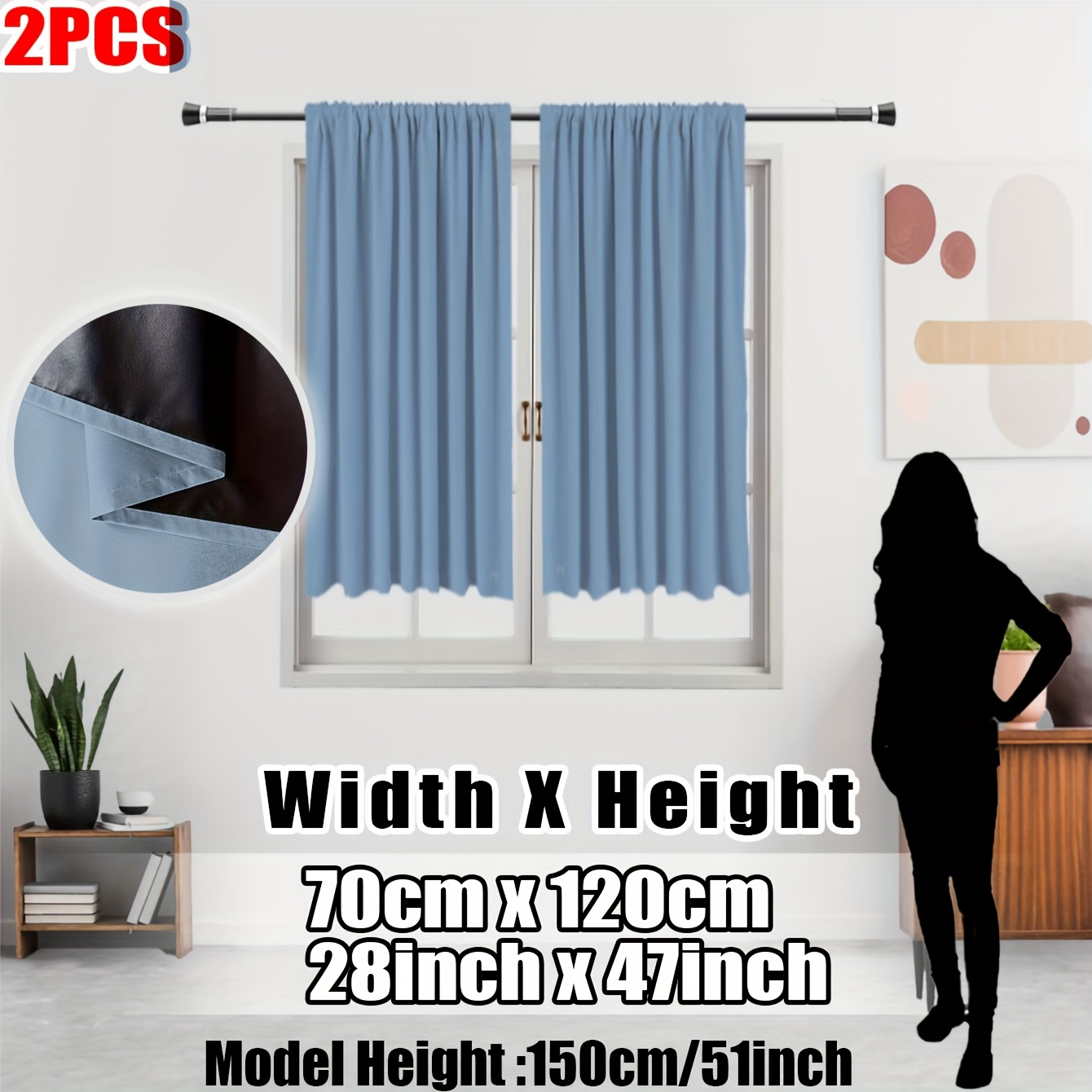 TEMU Paquete de 2, Cortinas de cocina opacas 100 % azul grisáceo, con bolsillo para barra en la parte superior, revestimiento interior de forro ,
