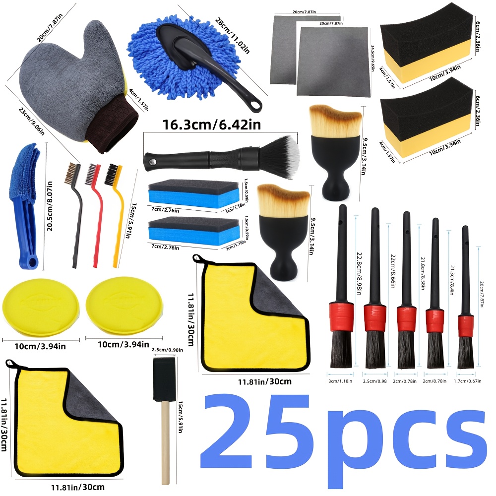 TEMU A 25pcs Car Wash And Beauty Set, Featuring A Stain-removing , Cleaning Brush, Tire And Rim Brush, Air Conditioning Vent Cleaner, Corner Cleaner,
