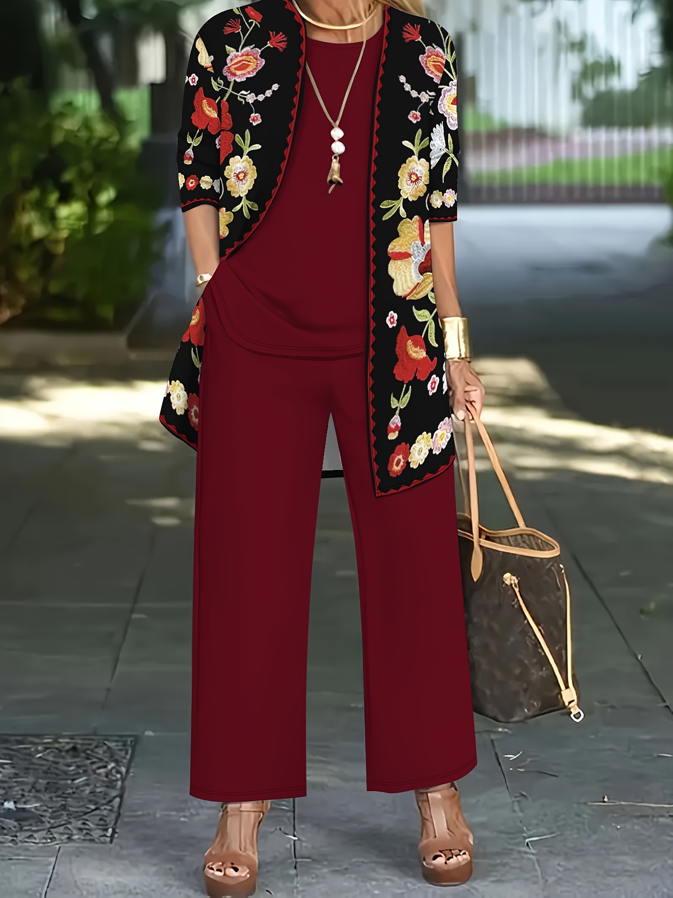 3pcs womens bohemian suit set burgundy black floral print Temu
