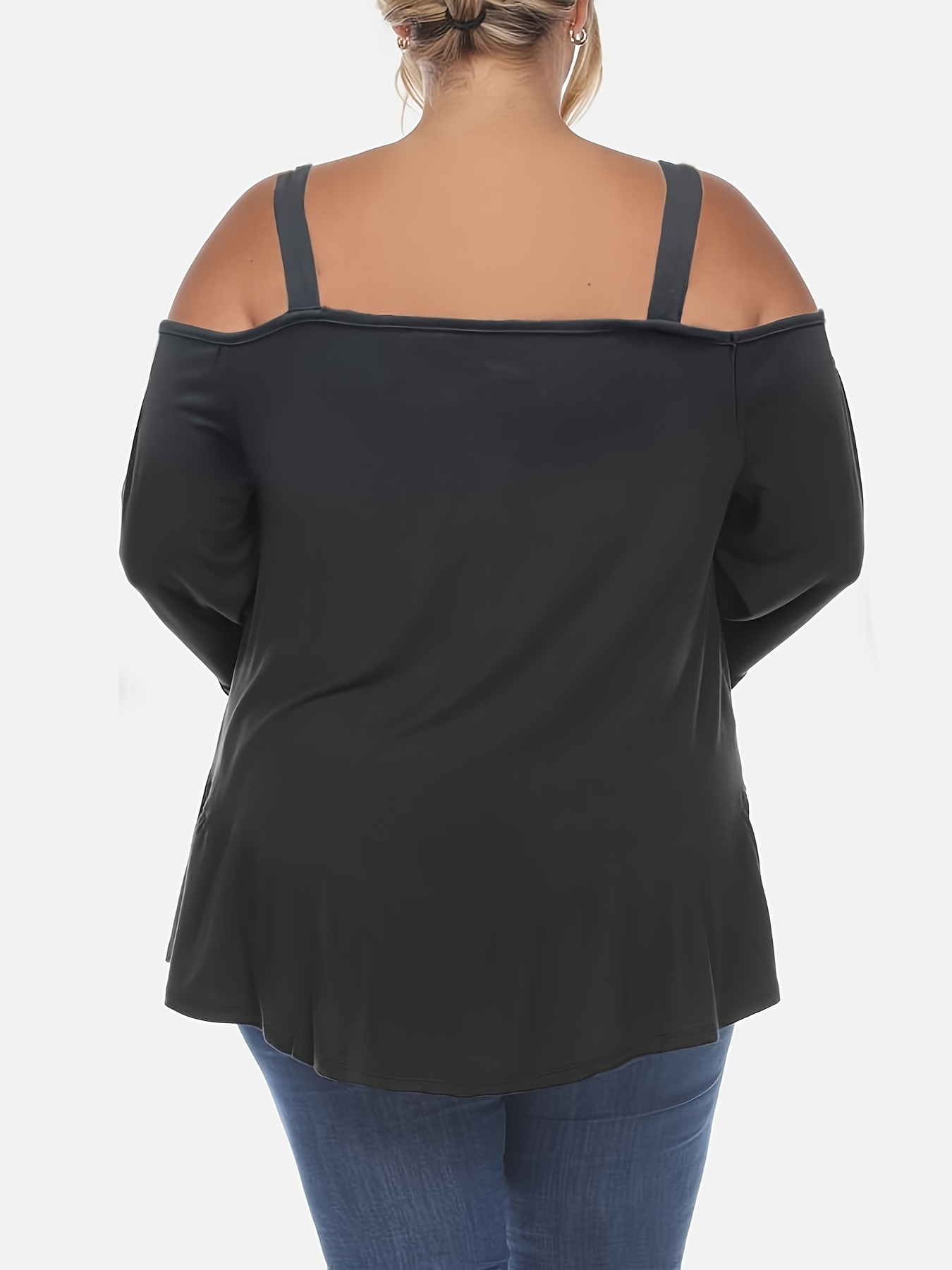Women'S Plus Size Elegant Off-Shoulder T-Shirt Black, Long Sleeve,  Strapless Design with Detail Casual or Formal Occasions, Ver