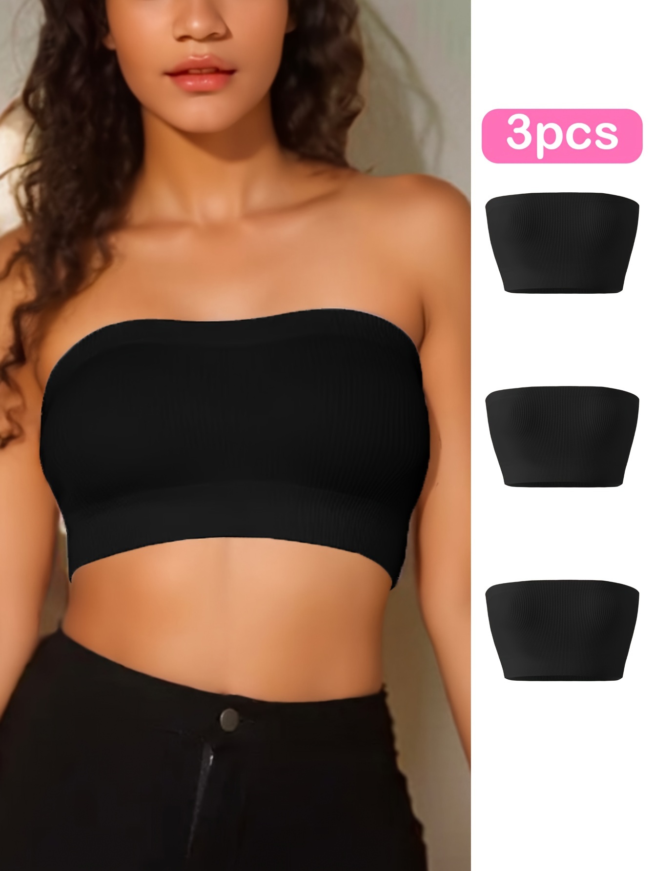 Womens Sexy Strapless Off Shoulder Crop Tube Top Solid Color Stretchy  Bandeau Seamless Casual Basic Breast Wrap No-Padded Bra GIG