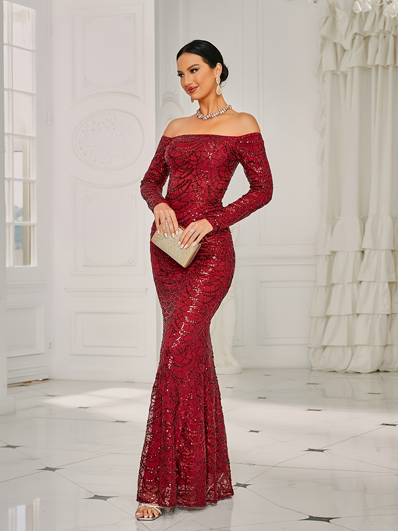 long sleeve one shoulder sequin evening dress bridesmaid - Temu Qatar