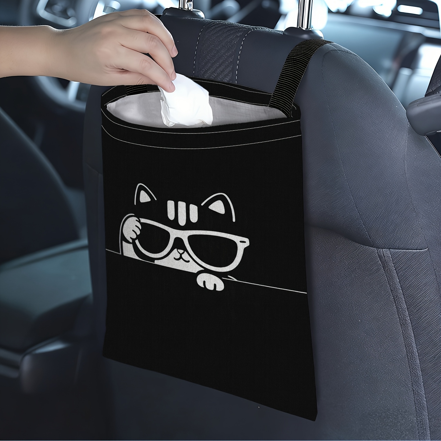 TEMU 1pc Car Trash Bag, Wearing Glasses Peeking Theme 2d Printed Car Garbage Bag, Made Of Fiber Fabric, Hanging Car Storage, Soft And Wear-resistant,