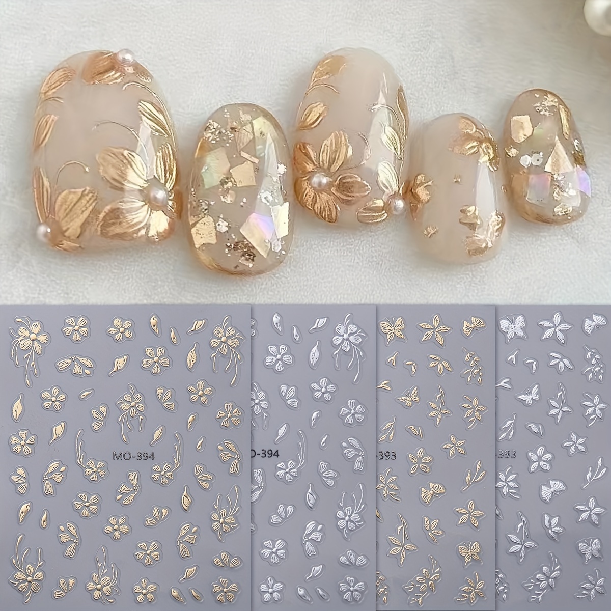 

4pcs Golden Floral Nail Art Stickers 5d Silvery Flower Butterfly Leaf Adhesive Nail Decals Metal Elegant Design Charms Manicure Decoration