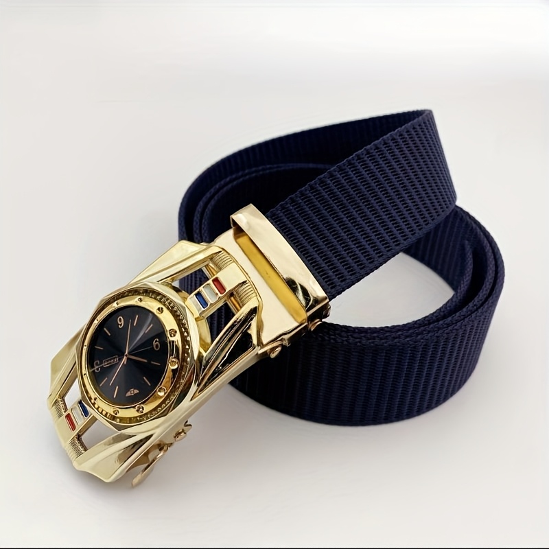 Men'S Casual Outdoor Belt with Watch Face Design - Golden Tone Alloy Buckle, Black Dial with Roman Numerals, Red Second Hand, and Date Display, Breathable Nylon Strap, Automatic Buckle, Casual Attire Accessory|Watch Face Design Belt|Durable Nylon Strap, Casual Belt