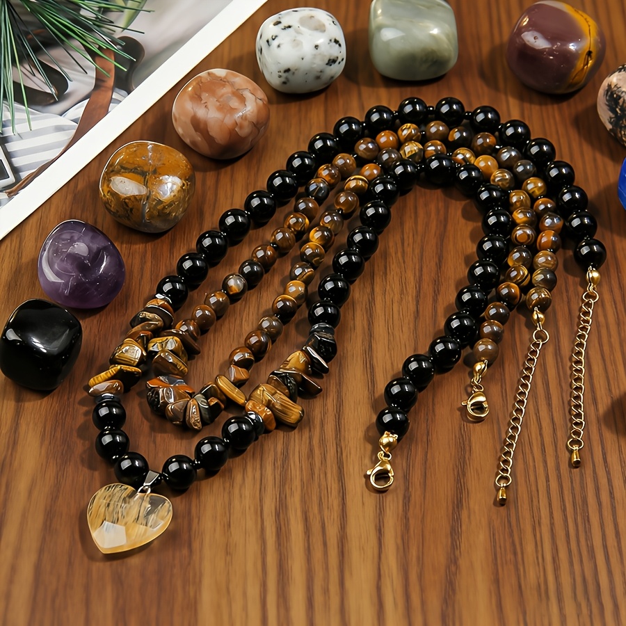 Women's Layered Long Necklace with Natural Stone Heart Pendant