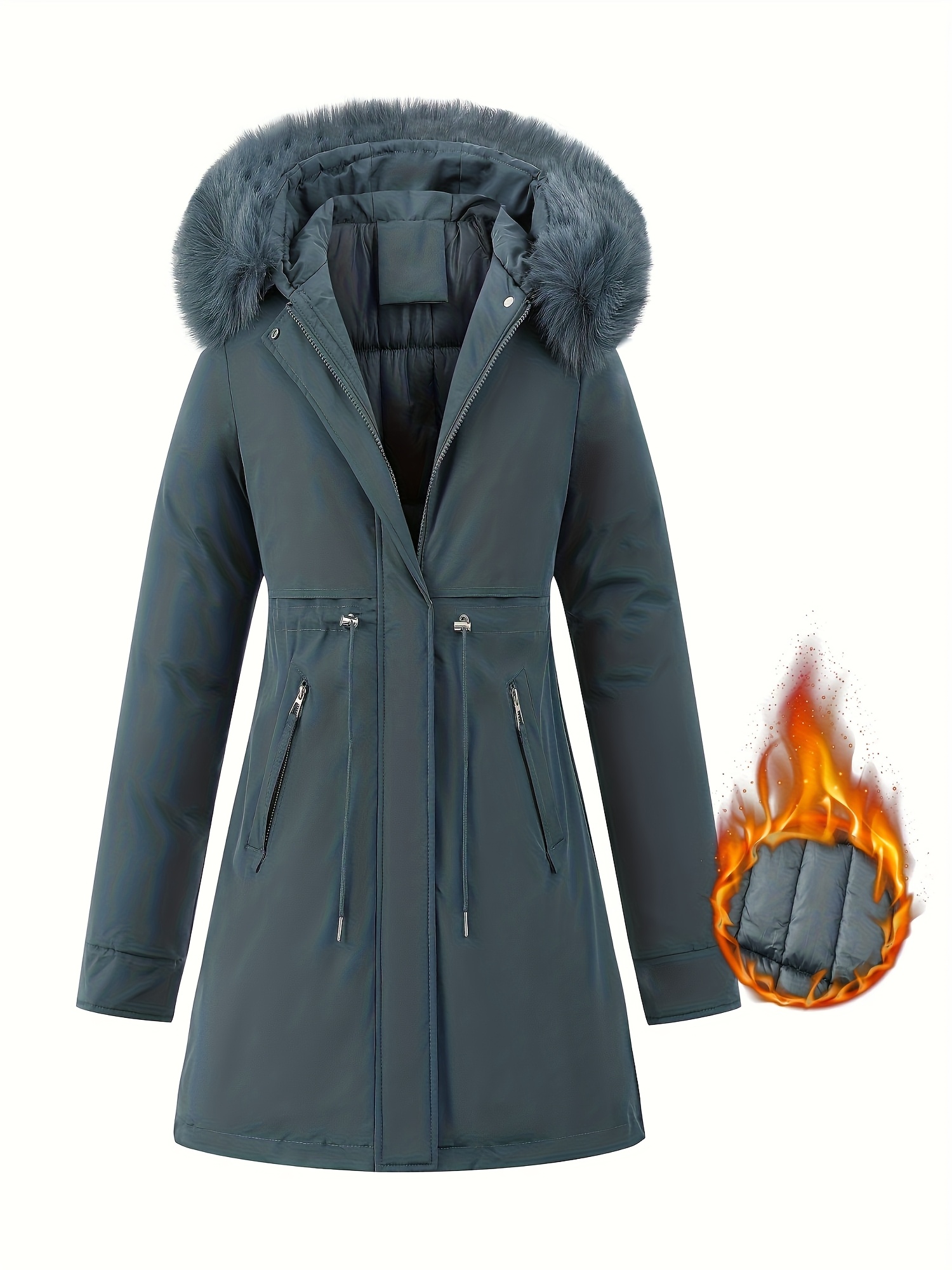SUIUOI Winterjas voor dames, warm gevoerde gewatteerde jas met capuchon van imitatiebont, getailleerde winterjas met ritssluiting, lange capuchonjas voor dames, voor dagelijks gebruik, outdoor en