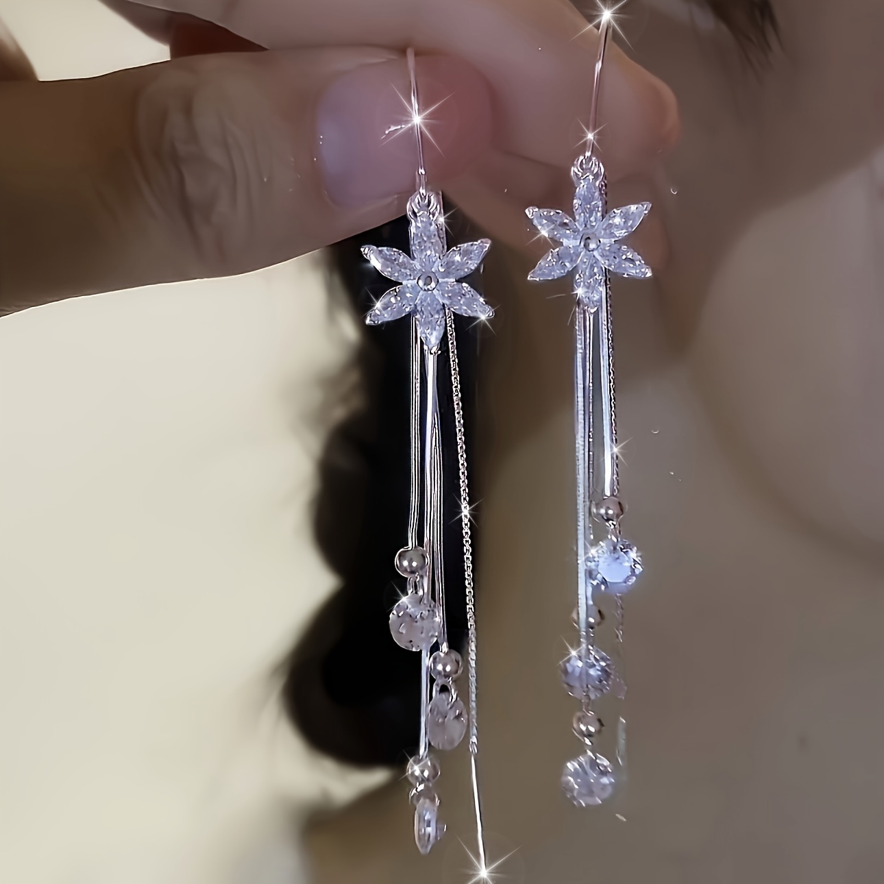 

Elegant 925 Sterling Silvery Long Tassel Flower Earrings With Sparkling Rhinestones - & Gifting