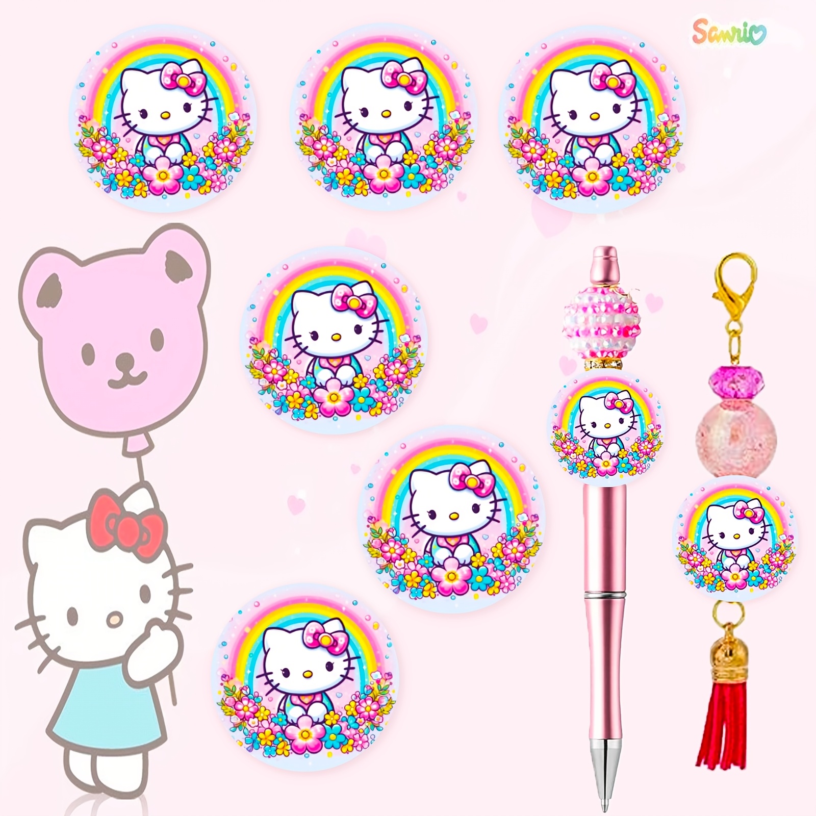 

6pcs Sanrio Kt Cat-printed Beads Used For Making - Bead String Pen - Keychain - Hanging Decoration - Craft Making