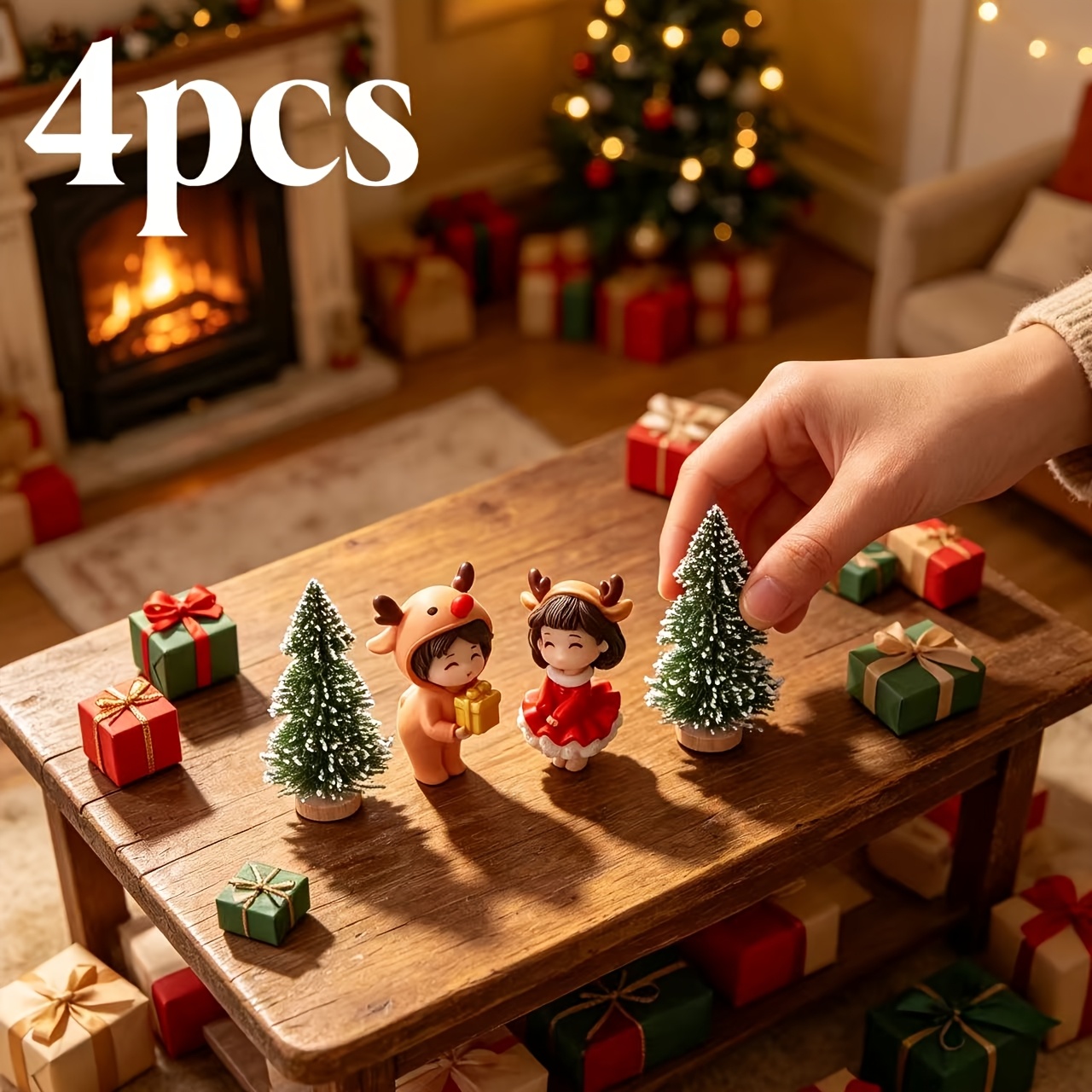 TEMU 4pcs Set Of Adorable Resin Couple Figurines And Christmas Tree Ornaments, Including A Boy, A Girl, And 2 Pine Trees. Made Of Solid Resin,