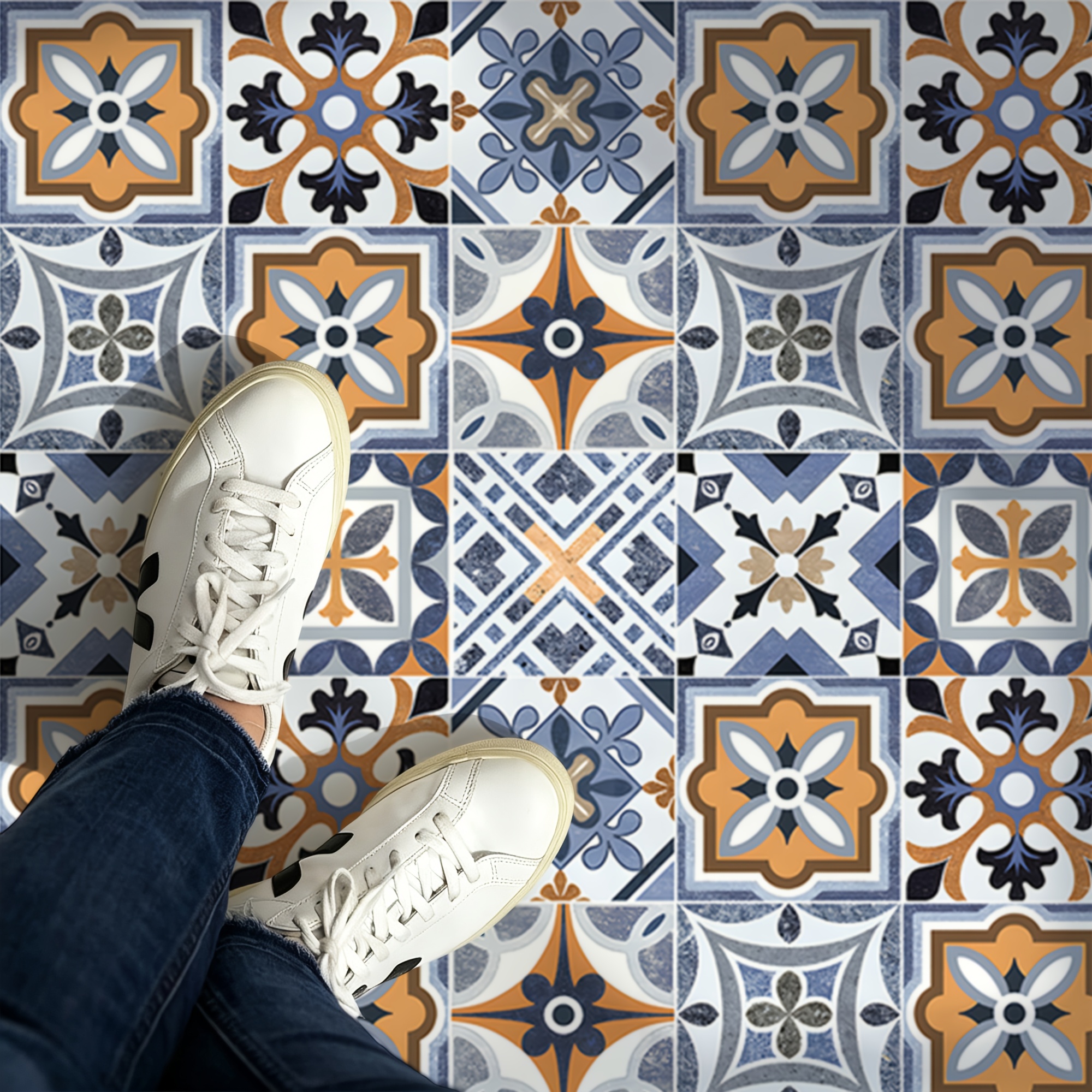 TEMU 1 Roll Thickened Self-adhesive Bohemian Ethylene-based Floor Decal, Retro Moroccan Style Thickened Contact Paper, Waterproof, Anti-slip, Heat