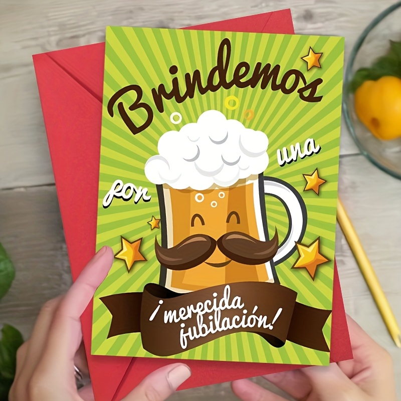 TEMU 1 tarjeta de jubilación con temática de cerveza española - Diseño completo con taza de cerveza, barba y estrellas - para , familiares, - Regalo