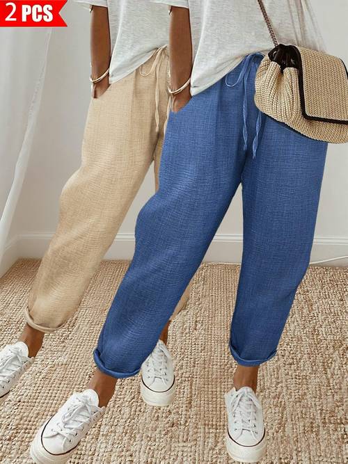 2pcs mixed pack linen look casual vacation home womens long pants elastic waist decorative drawstring womens ankle pants