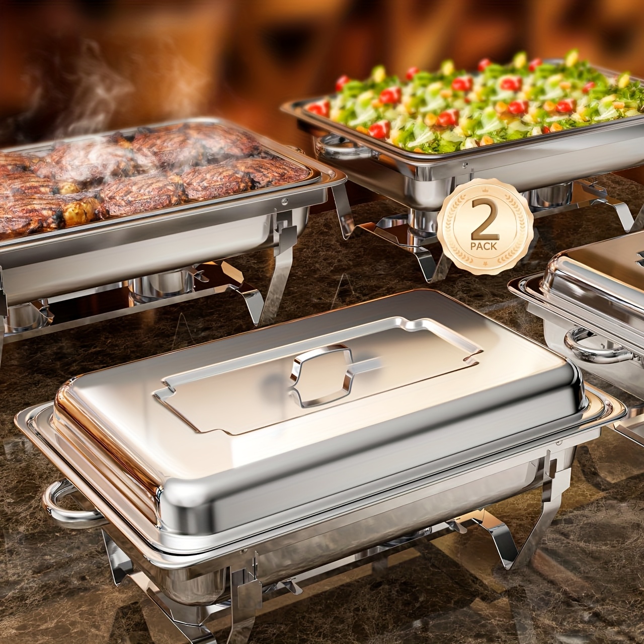 Image of 9qt Chafing Dishes For Buffet 2 Pack, Multiple Food Pans Thickened Stable Stainless Steel Chafing Dish Buffet Set, Rolled Food Warmers For Party Catering Weddings, Silvery - Cooking