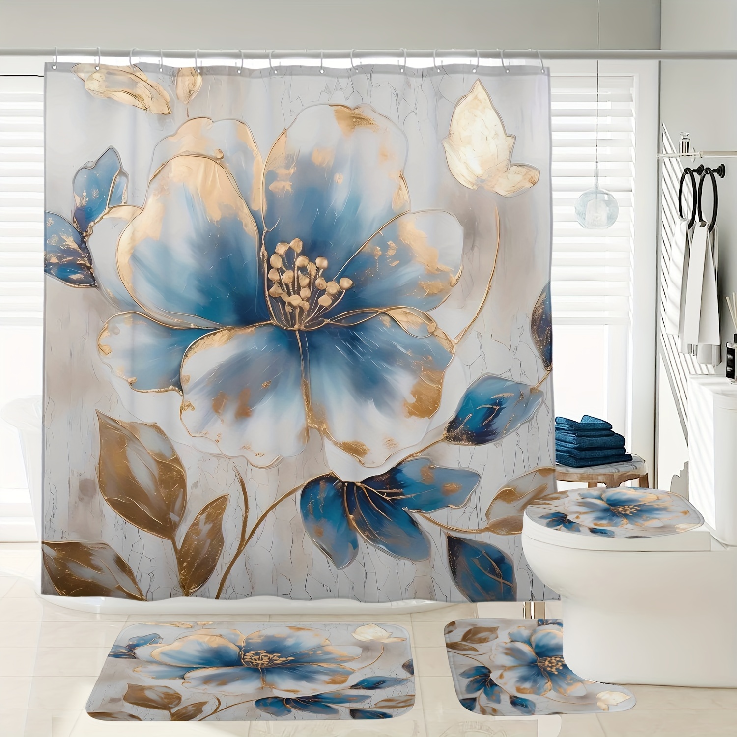 

1/3/4pcs Floral Printed Shower Curtain Set, Shower Curtain With 12 Hooks, Non-slip Bathroom Rug, Toilet U-shape Mat, Toilet Lid Cover Pad, Bathroom Decor