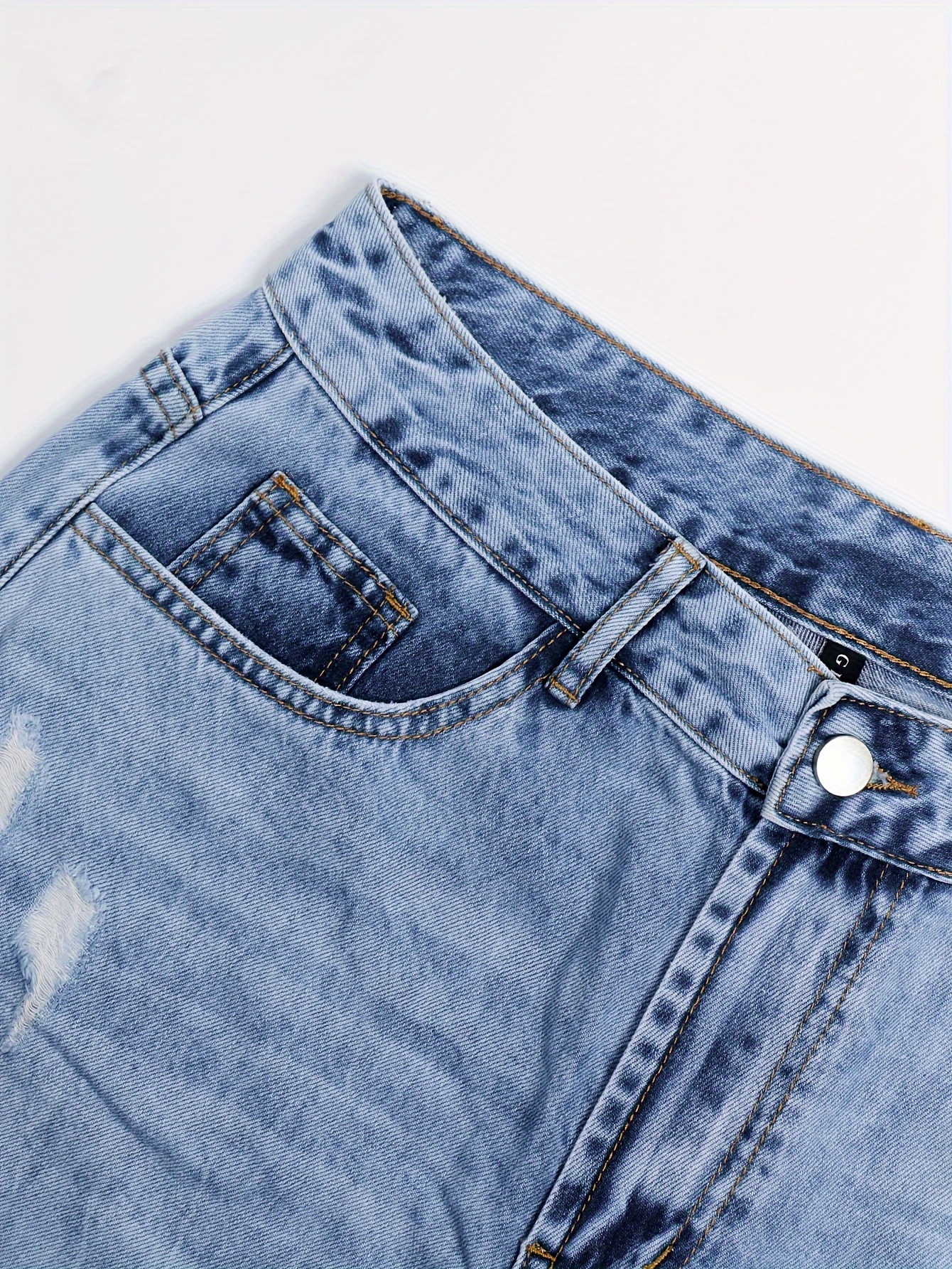 Ripped Whiskering Washed Denim Pants Slash Pocket Zipper - Temu Canada