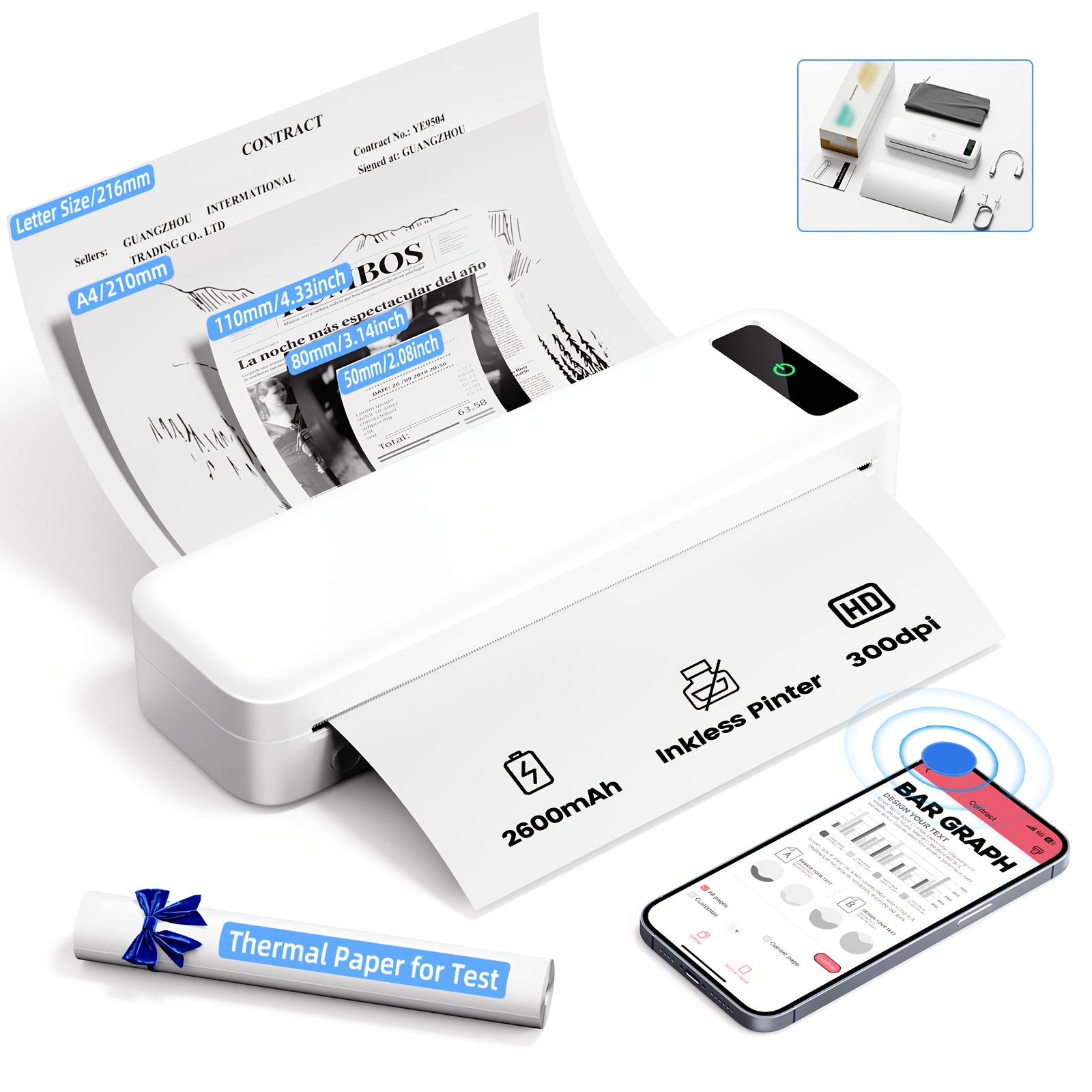 MT610PRO Black Portable Wireless Printer, 300DPI Inkless Thermal Mini Printer For Home, Office & Vehicle Use, Supports 8.5&*; X 11&*; Letter And A4&A5 Sizes, Compatible With Smartphones & PCs