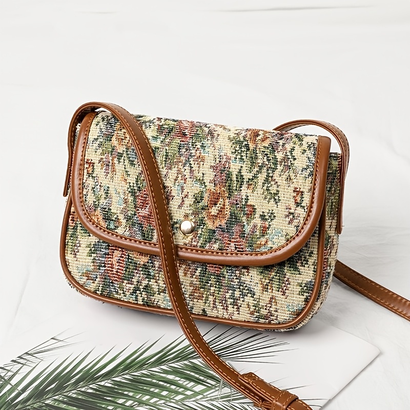 

Vintage Floral Embroidered Mini Crossbody Bag With Adjustable Strap - No Printing, Fabric Material, Magnetic Closure, Polyester Lining