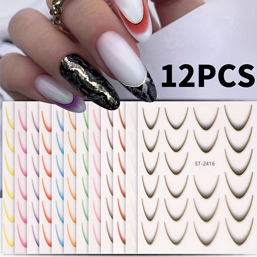 Image of 12 Color 5d Nail Art Stickers Gradient Color French Tip Edge Nail Decals 3d Self-adhesive Nail Tips Guides Stripe Lines Nail Sliders Manicure Accessories For Diy Nail Art Decorations