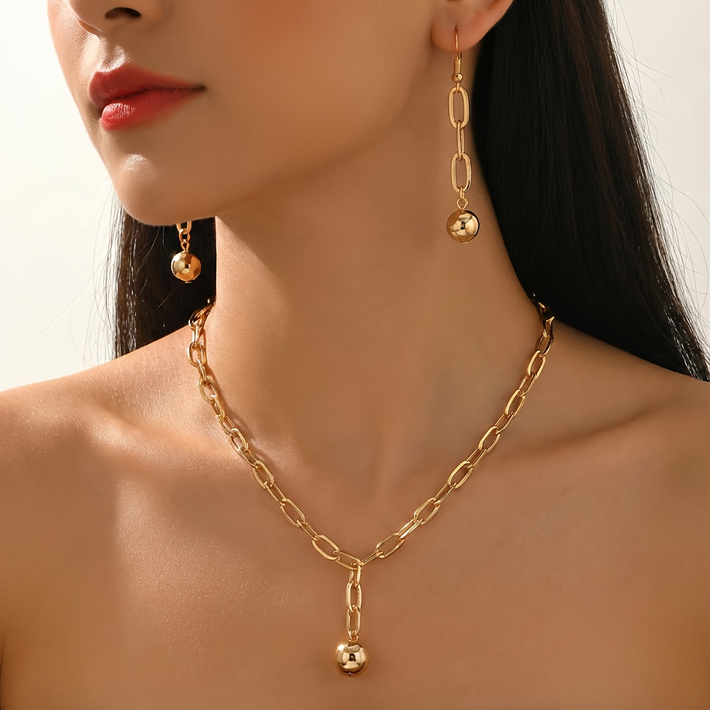 E-shop 2-teiliges Set: Mittlerer Ramadan Damenschmuck-Set, mit einer Chunky Cuban Link Kette geometrischem Rundball-Anhänger Halskette sowie passenden