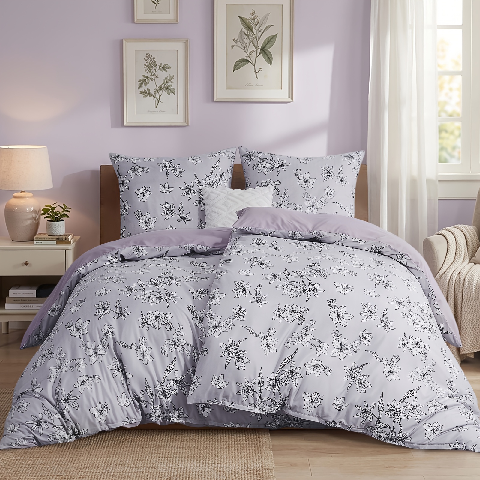Image of Bedding 135x200 4pcs Duvet Cover - Bedding 135 X 200cm Flowers Purple Pattern With 2 Pillowcases 80x80cm, Duvet Cover 2 Set With Zipper, Non-iron And Soft