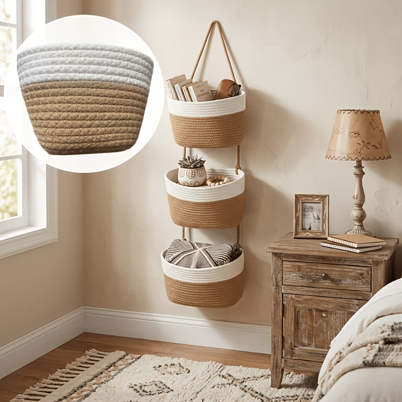 TEMU Extra Large à 3 Niveaux Style Bohème Couleur - Étagère de Rangement Murale en Corde Tressée avec Étagères Verticales de Place, Style Bohème,