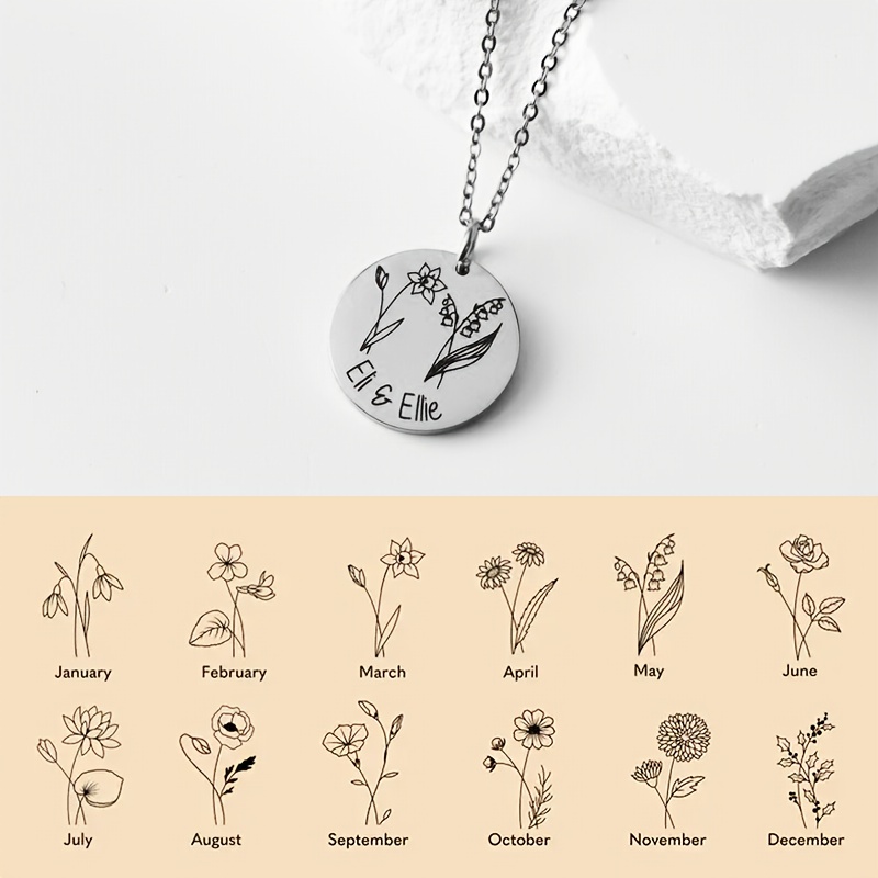 TEMU Customized Personalized Birth Flower Necklace With 1-3 Flowers And Names, Engraved Floral Necklace, Perfect For Valentine's Day, Mother's Day,