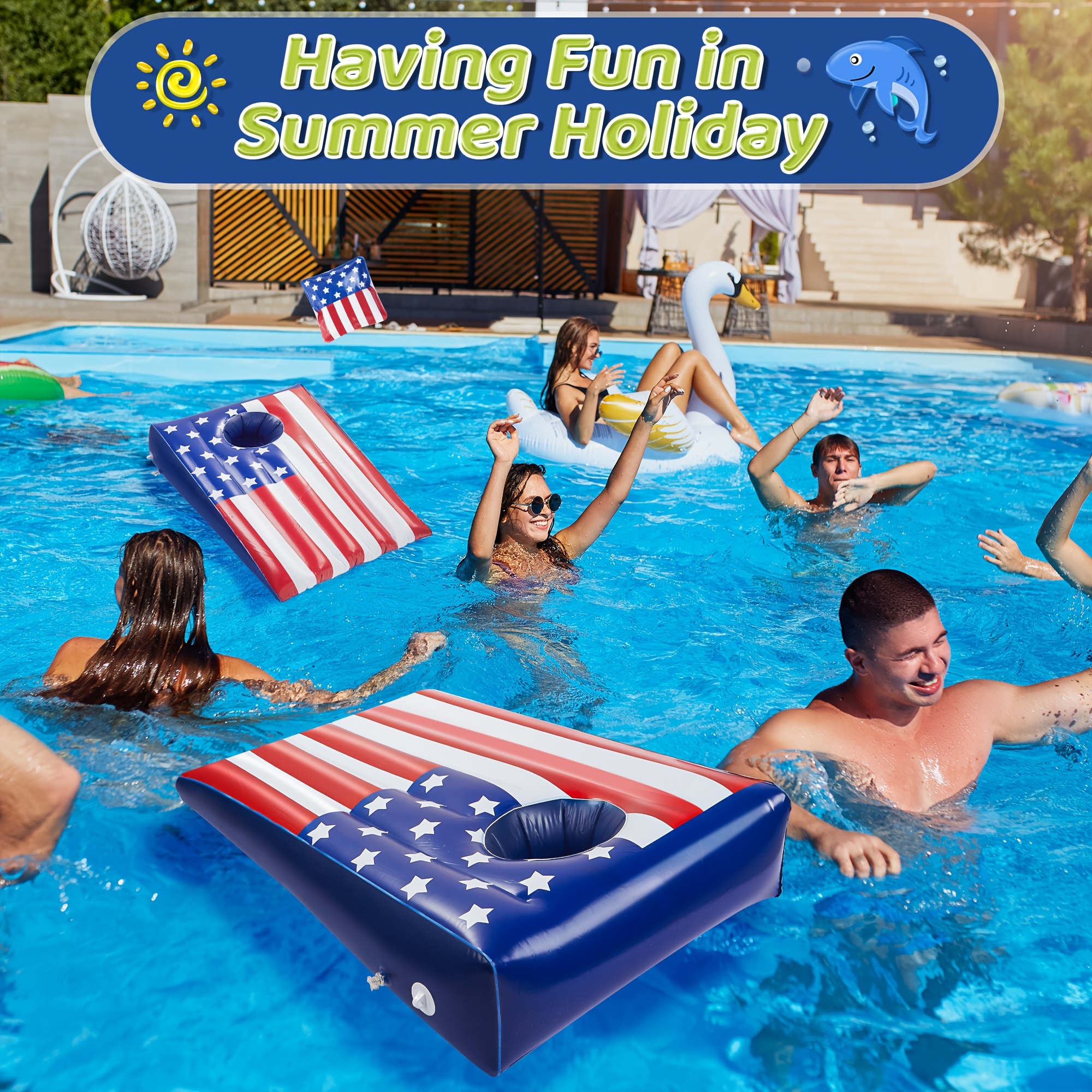 Pool Cornhole Inflatable Bean Bag Toss Game 2 Sets, Independence Day Swimming Pool Game for Teens, Adults and Family, American Flag Theme Water Floating Cornhole Toy with 8 Bean Bags for Party Packs