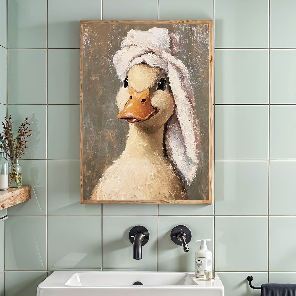 E-shop 2D Flach, 2D Flach, Ein bezauberndes Entenhandtuch-Porträt ohne Rahmen, Lustiges Badezimmer-Kunst-Ölgemälde, Kreatives Wandbild,