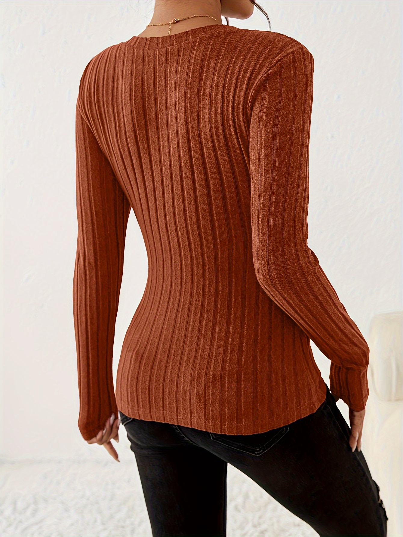 V Neck Slim Ribbed T-Shirt, Elegant Solid Long Sleeve Top For Spring & Fall, Women's Clothing