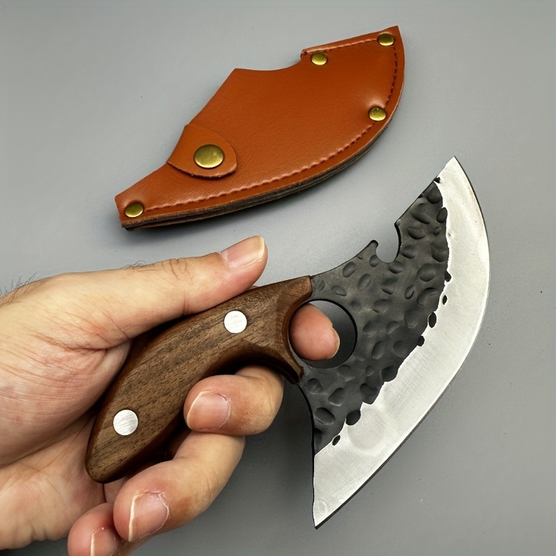 TEMU Hammer Patterned Stainless Steel Kitchen Knife, Multifunctional And Labor-saving Meat Cutting And Fish Killing Knife, High-quality Wood Handle Curved Knife With Leather Cover