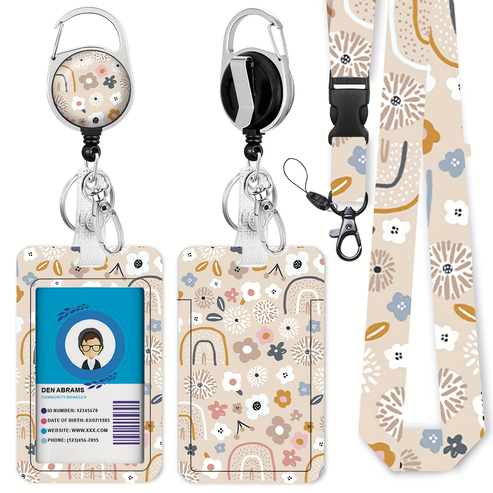 1pc Floral Pattern Id Badge Holder With Retractable Lanyard - Durable Plastic, English Text, Key & Wallet Compatible - Perfect For Nurses, Teachers, And Professionals