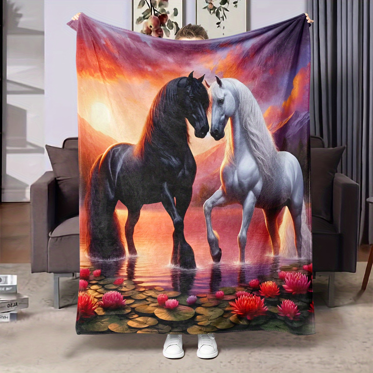 

Contemporary Animal Theme Throw Blanket – Luxurious, Lightweight Polyester Knit Blanket For Couch, Bed, Office Nap – Cozy Horse Pattern Decorative Throw