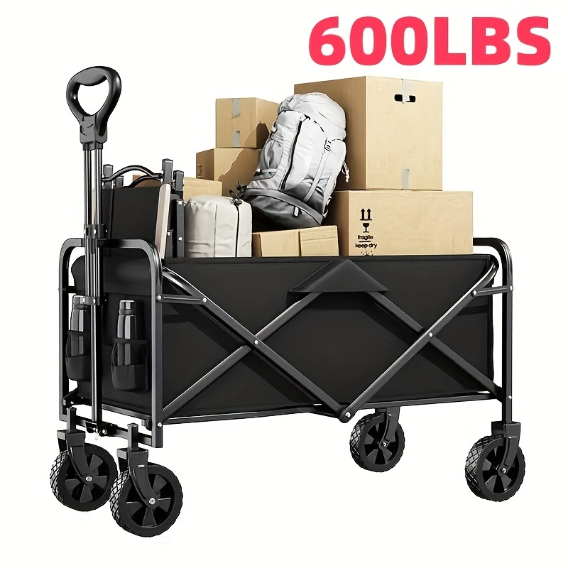 [Heavy Duty Hand Truck] 1pc Heavy Duty Foldable Hand Truck | 330/450/600 lbs Load Capacity, All-terrain Wheels, 27.56'' Interior Space | Great for BBQ, Outdoor Activities, Pet Transport, Beach, Lawn, Camping and Shopping - Black