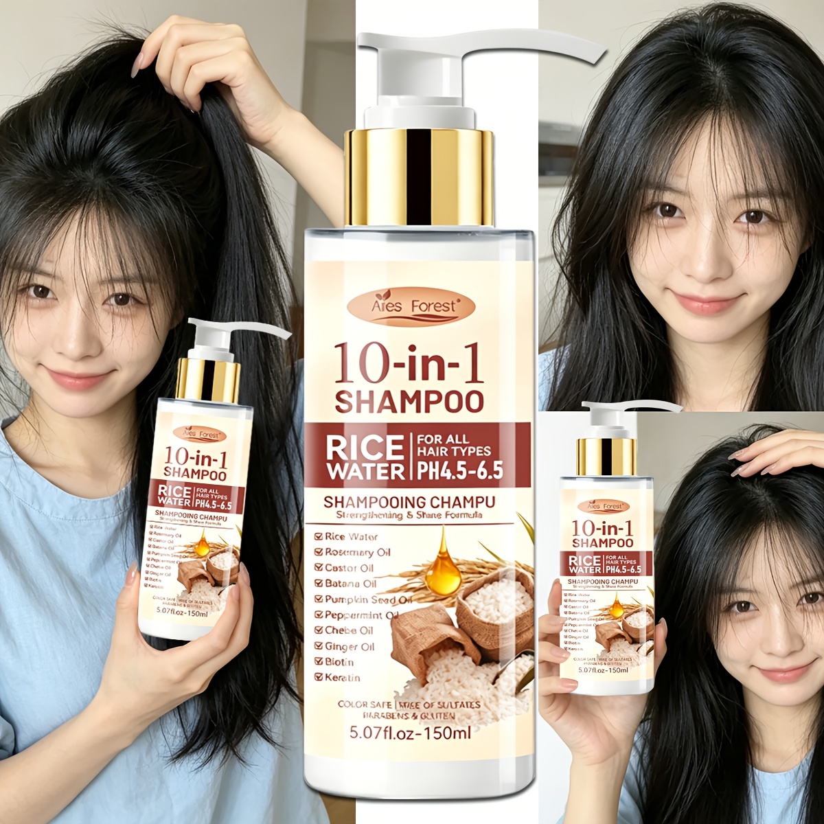 TEMU 15-day Fermented Rice Water Shampoo [for Thicker-looking Hair] 10-in-1 Multi-effect Rice Shampoo Volumizing And Formula, Heat Protection,